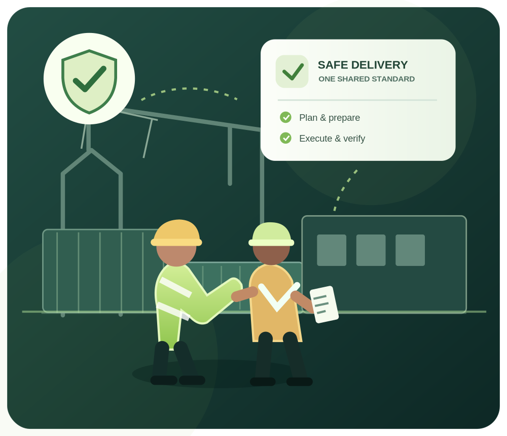 Illustration of contractor teams working together safely at a port and construction site